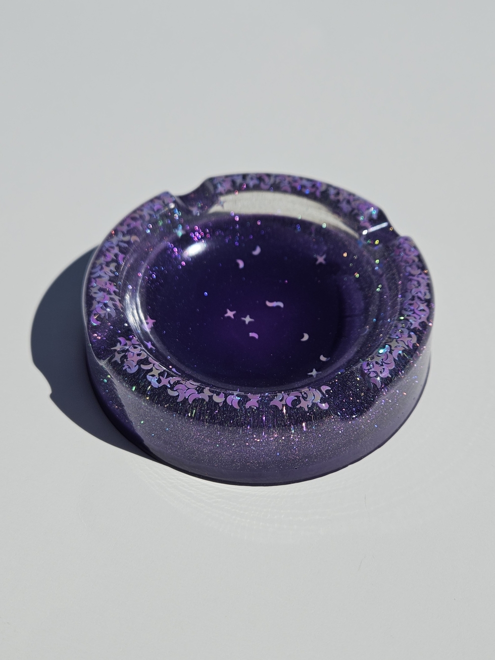 Handmade Purple Galaxy Inspired Round Resin Ashtray with Star & Moon Glitter